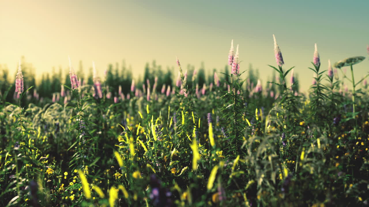 Wildflowers bloom brightly in a vibrant meadow during golden hour