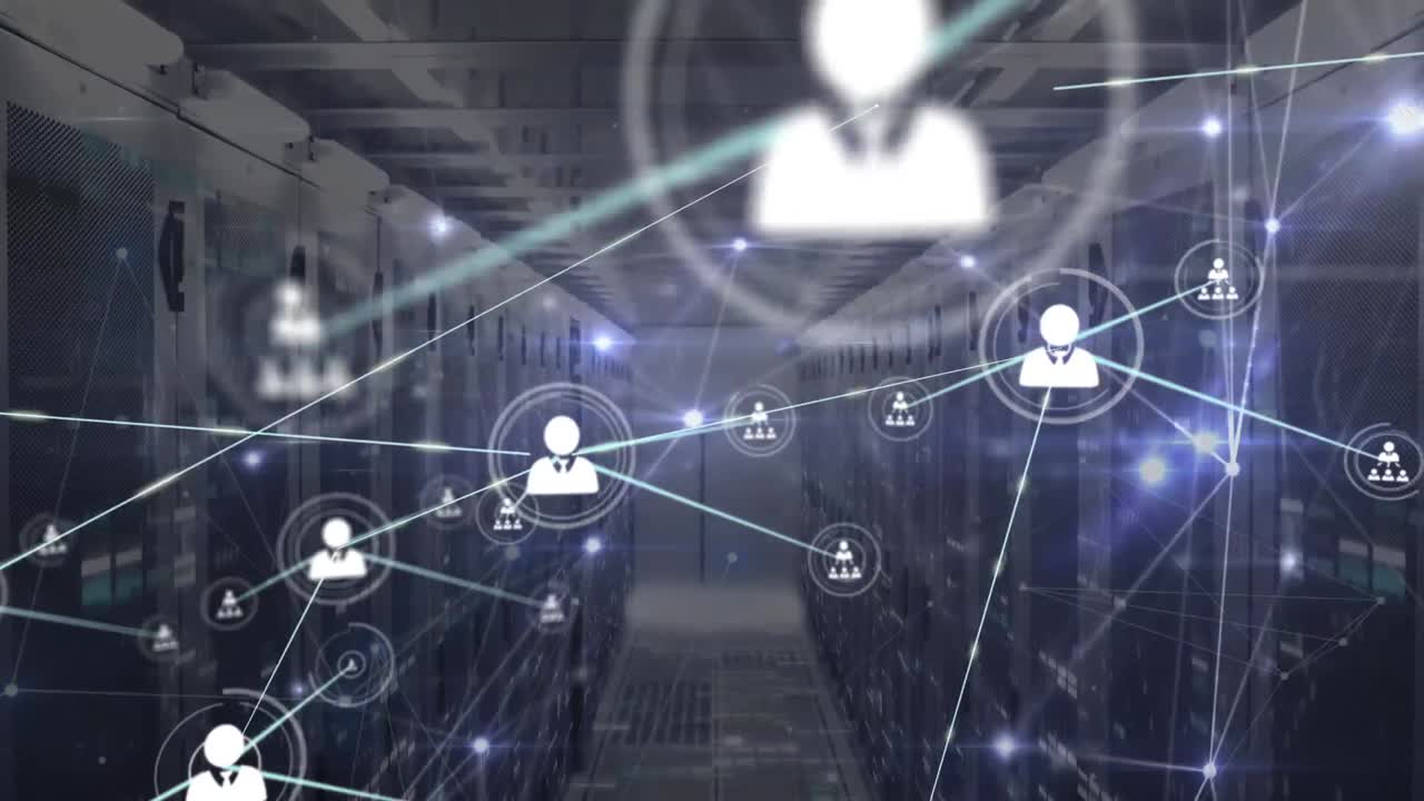 Animation of network of connections with icons over server room