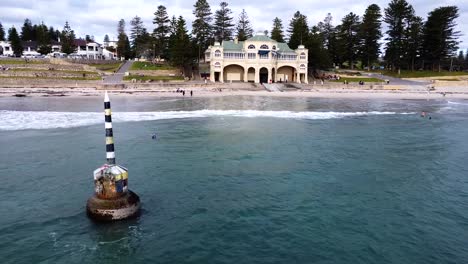 Antena-De-Campana-De-Playa-De-Cotesloe-Mirando-Hacia-Atrás-A-La-Casa-De-Té-Y-La-Playa-De-Indiana,-Perth,-Washington