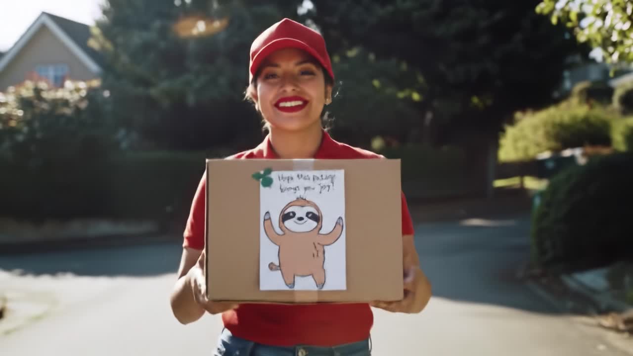 A cheerful delivery person stands on a sunny street, holding a package adorned with a playful sloth drawing, conveying joy and excitement as they deliver happiness to a customer.