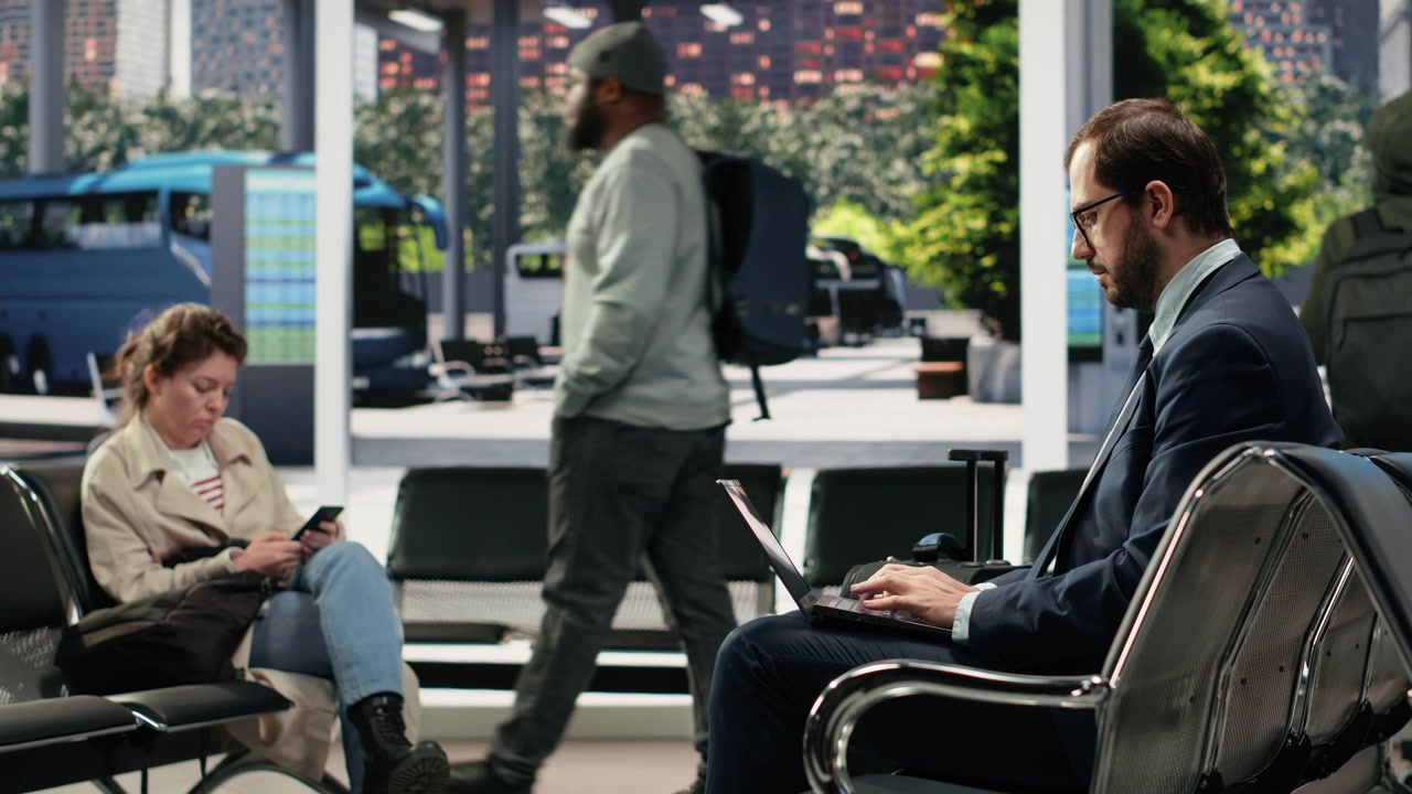 Tourists in busy bus transport hub sitting on bench with suitcase, using devices