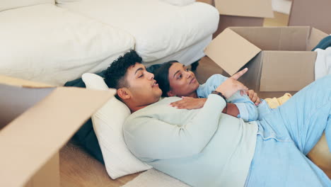 Couple,-talk-and-relax-on-floor-in-new-home