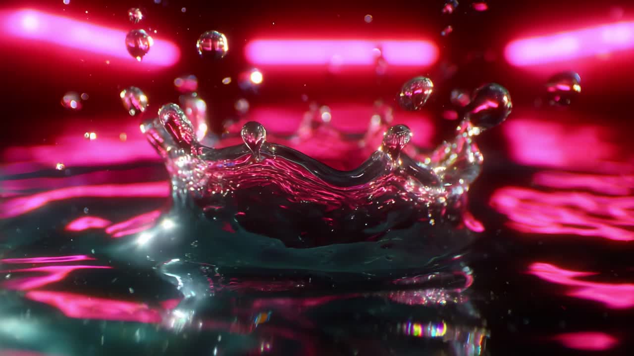 Una straordinaria rappresentazione di gocce d'acqua che formano uno splash a corona, catturata nei minimi dettagli con vivaci luci al neon rosa, enfatizzando il movimento e la bellezza della fluidodinamica dei liquidi