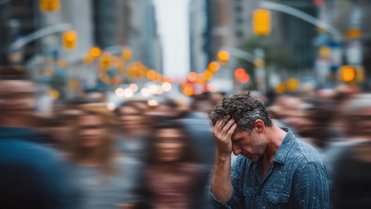 Una figura solitaria in una vivace strada cittadina, che cattura l'essenza della vita urbana tra la folla indistinta e il peso delle difficoltà personali e della riflessione