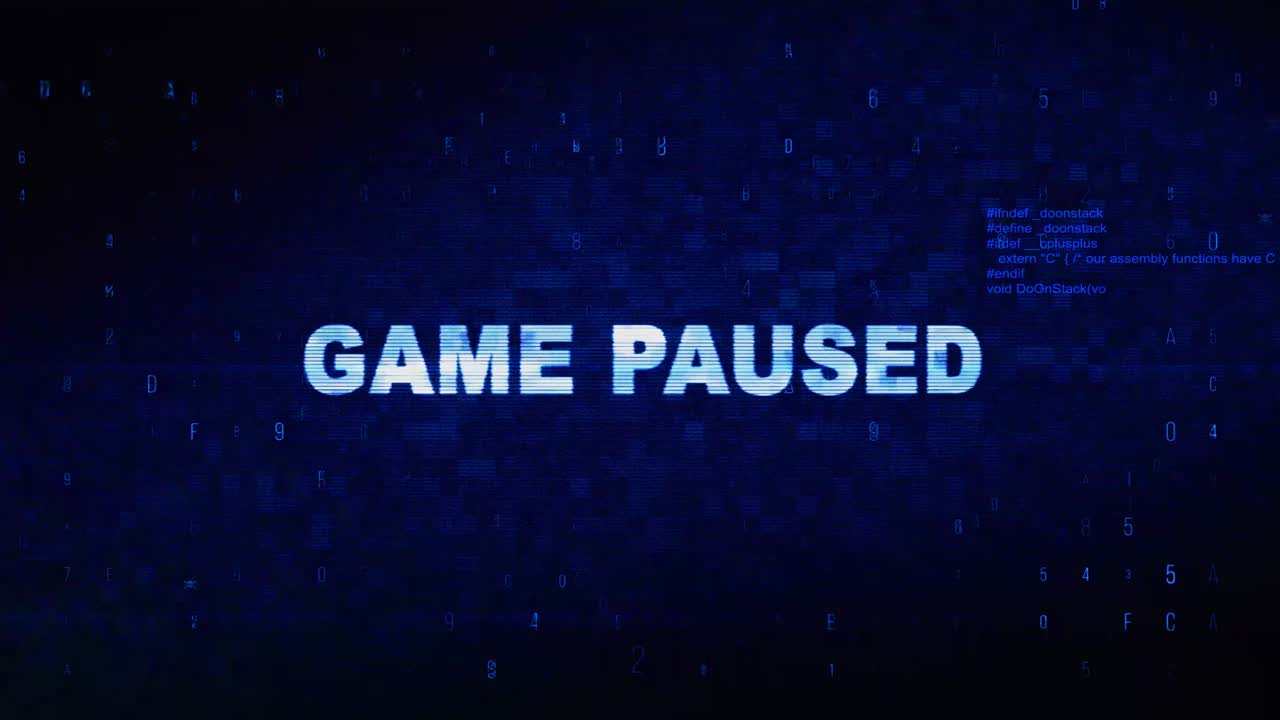 Game paused text digital noise twitch and glitch effect tv screen loop animation background login
