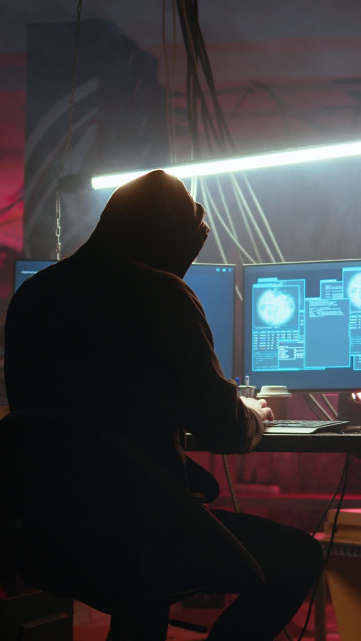 Hacker med lodret video på skjult lokation med graffitivægge bruger pc til at installere malware