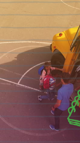 animación de paleta y pincel sobre diversos alumnos que entran en el autobús escolar