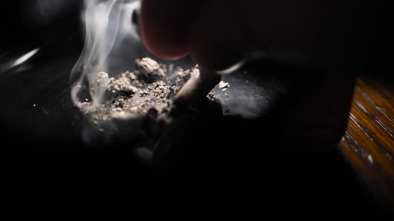 Close up smoking cigarette on man hand. Slowmotion. Scene E