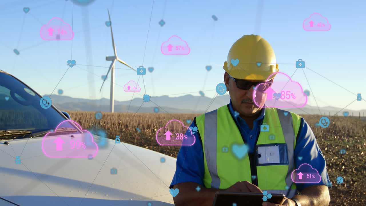 red de iconos de conexión y icono de nube con aumento contra el hombre que usa teléfono inteligente
