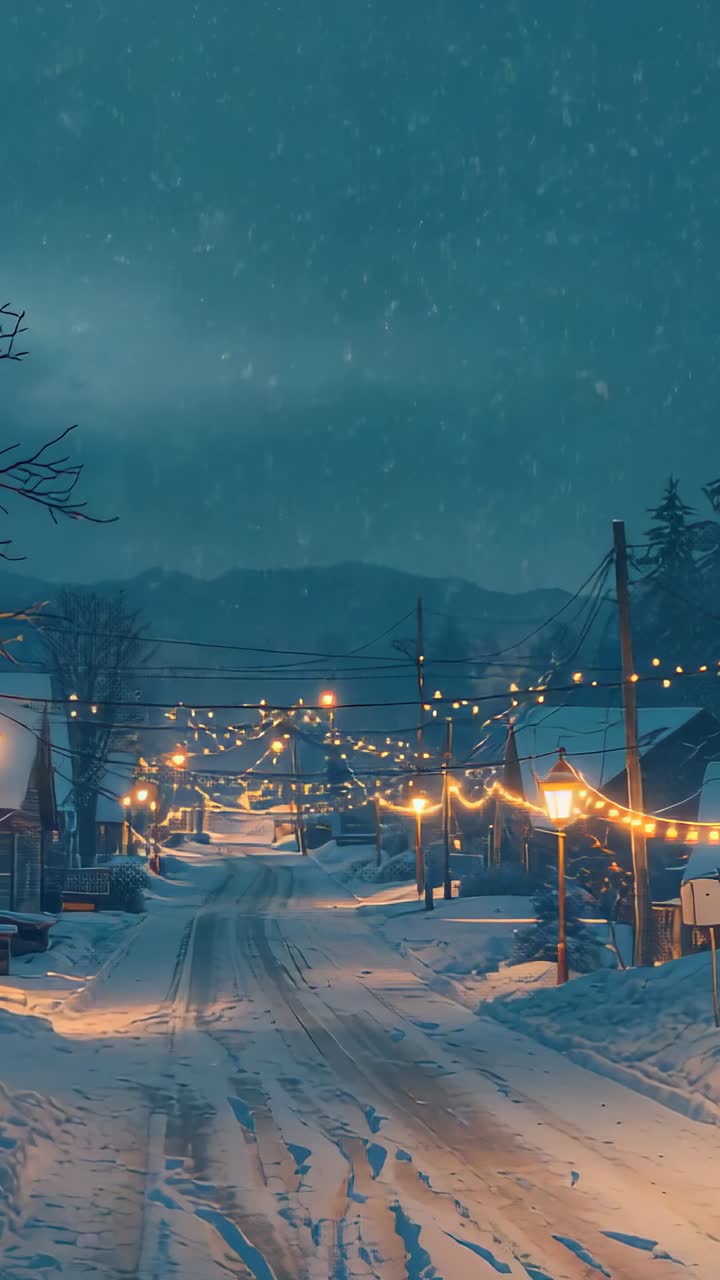 Vertical video: Snowfall dusting snowy street at night, with string lights, glowing lampposts