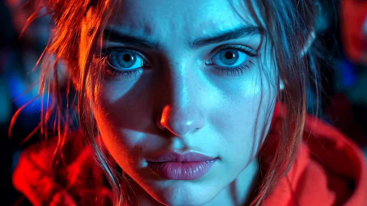 una mujer con una capucha roja mira fijamente a la cámara