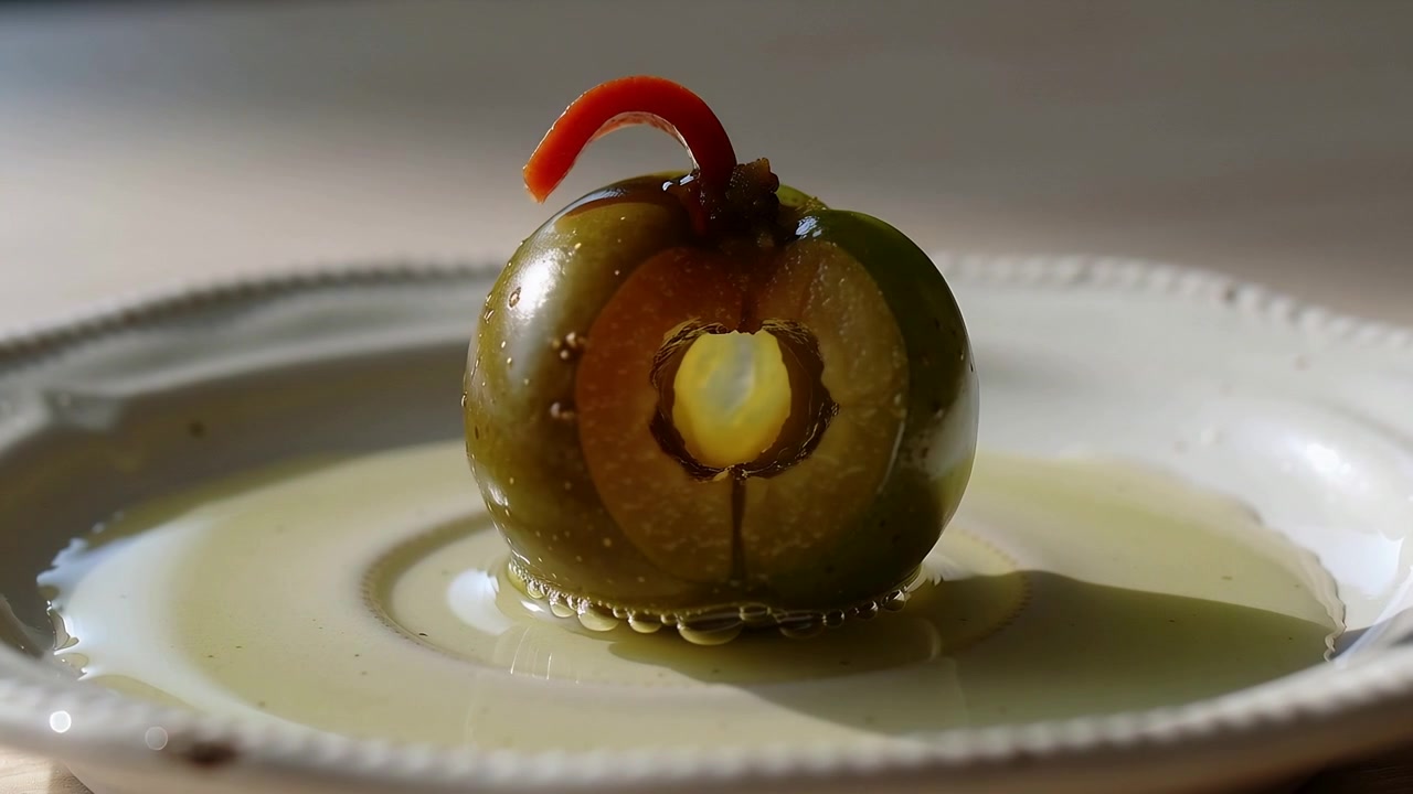 Notch deepening green olive rotating and opening hollow on white ceramic saucer, with red pimento