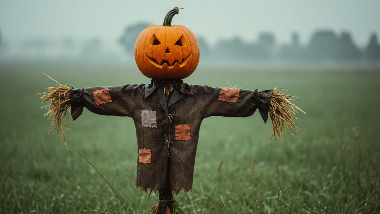 A Spooky Scarecrow With a Grinning Pumpkin Head Stands Alone in a Misty Field, Creating an Eerie Atmosphere Perfect for Autumn Evenings and Halloween Festivities