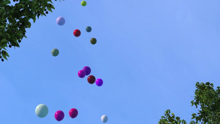colorful balloons flying up on blue clear shiny sky with green tree leaves on both sides animation