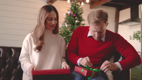 woman and man wrapping christmas presents sitting on sofa near a christmas tree in living room