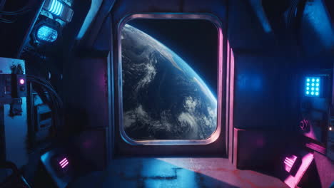 view of earth from a futuristic spaceship window