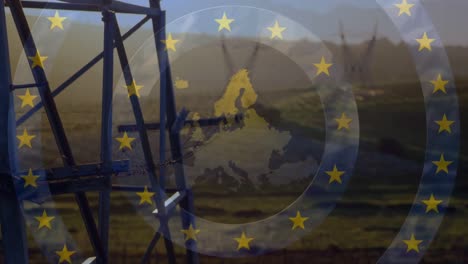 Animation-of-map-of-europe-with-stars-of-european-union-flag-over-electricity-pylons-in-field