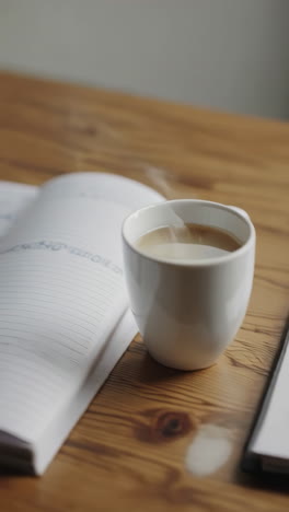 cozy workspace with notebook and coffee/tea