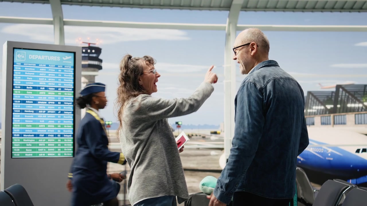 Coppia anziana gioiosa che indica la pista dell'aeroporto mentre è in coda per l'imbarco prioritario.