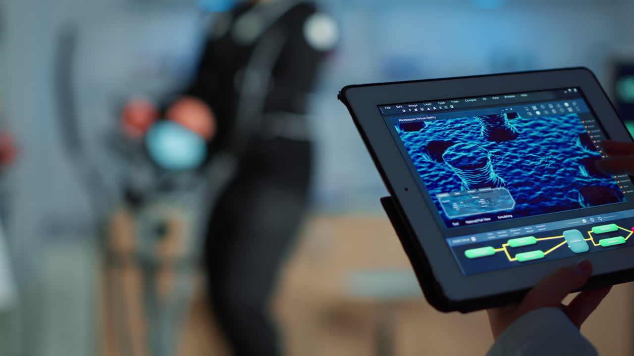 primer plano de un científico analizando información de salud en una tableta