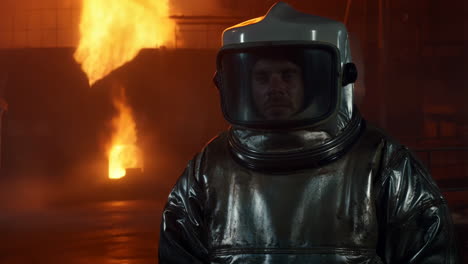 person in protective suit with fire in background