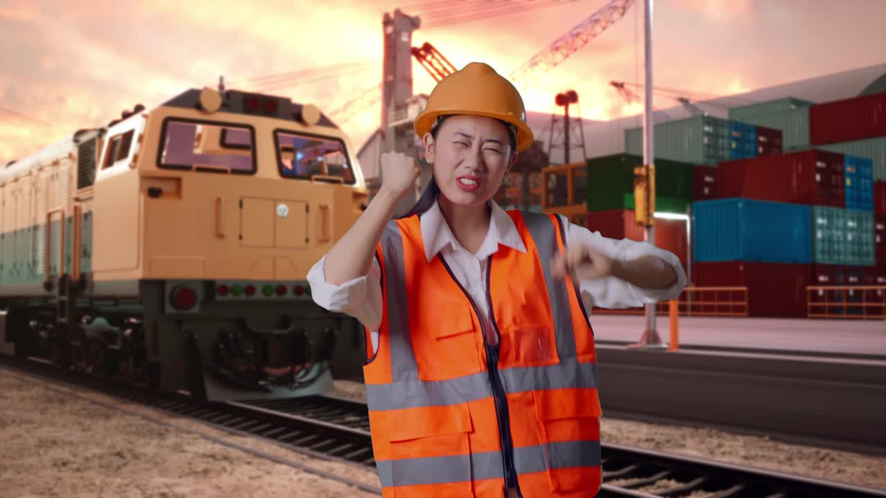 Asian Female Engineer With Safety Helmet Screaming Goal And Dancing Celebrating With Freight Cargo Train At Port