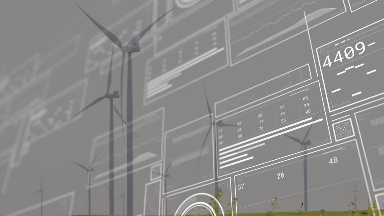 Faint schematic intensifying, wind turbines rotating while data panels cascading to monitor power