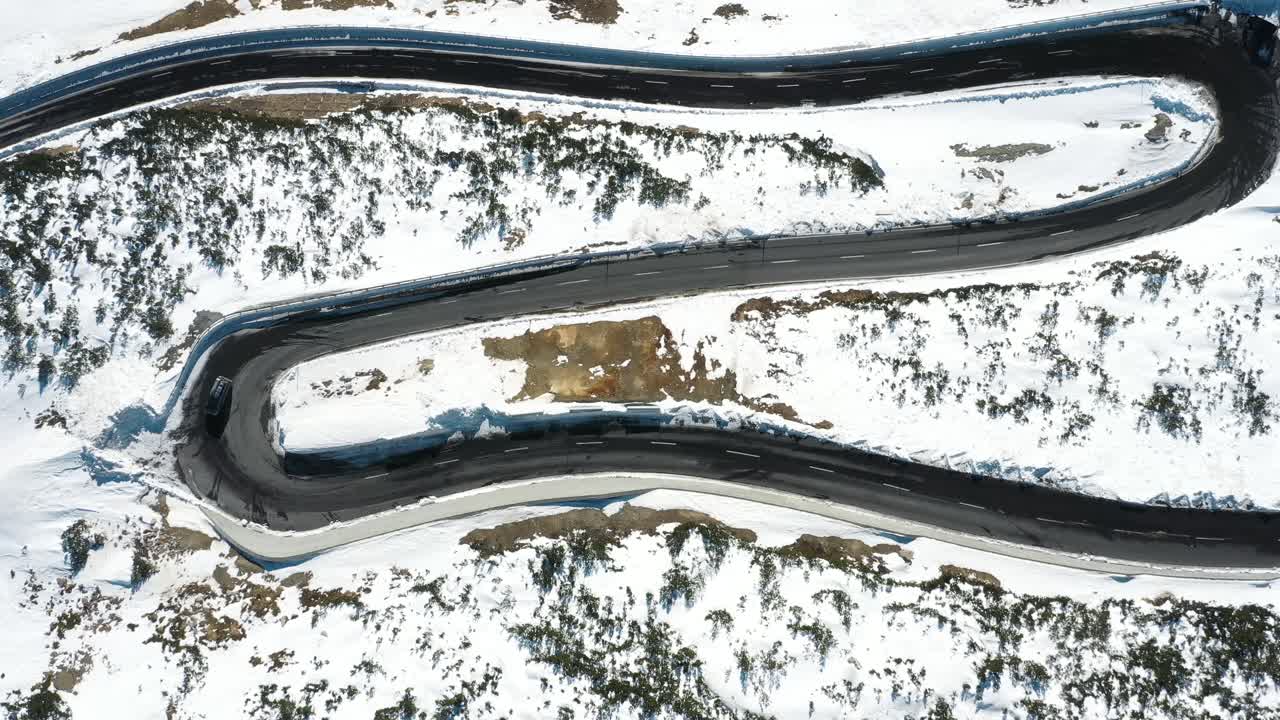 Excellent Bird'S Eye View Of A Car Driving Along The S Curve From Wintry Davos To St Moritz, Switzerland