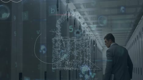 animation of cyber security data processing against caucasian male engineer walking in server room
