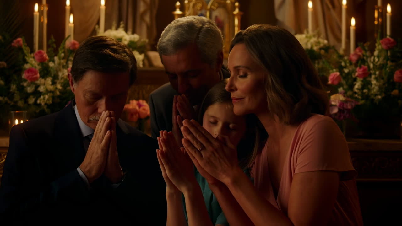 Caucasian Family Praying Together Candlelit Church, Parents And Child Huddled On Wooden Pew, Hands Clasped