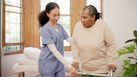 nurse, walker and woman with a disability