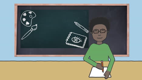 animación de un escolar tomando notas sobre la pizarra con iconos de artículos escolares en un fondo azul