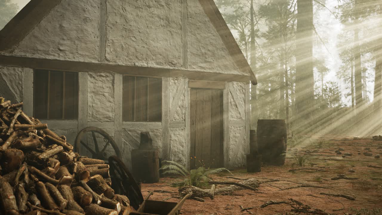 vieja casa de madera en el bosque de otoño