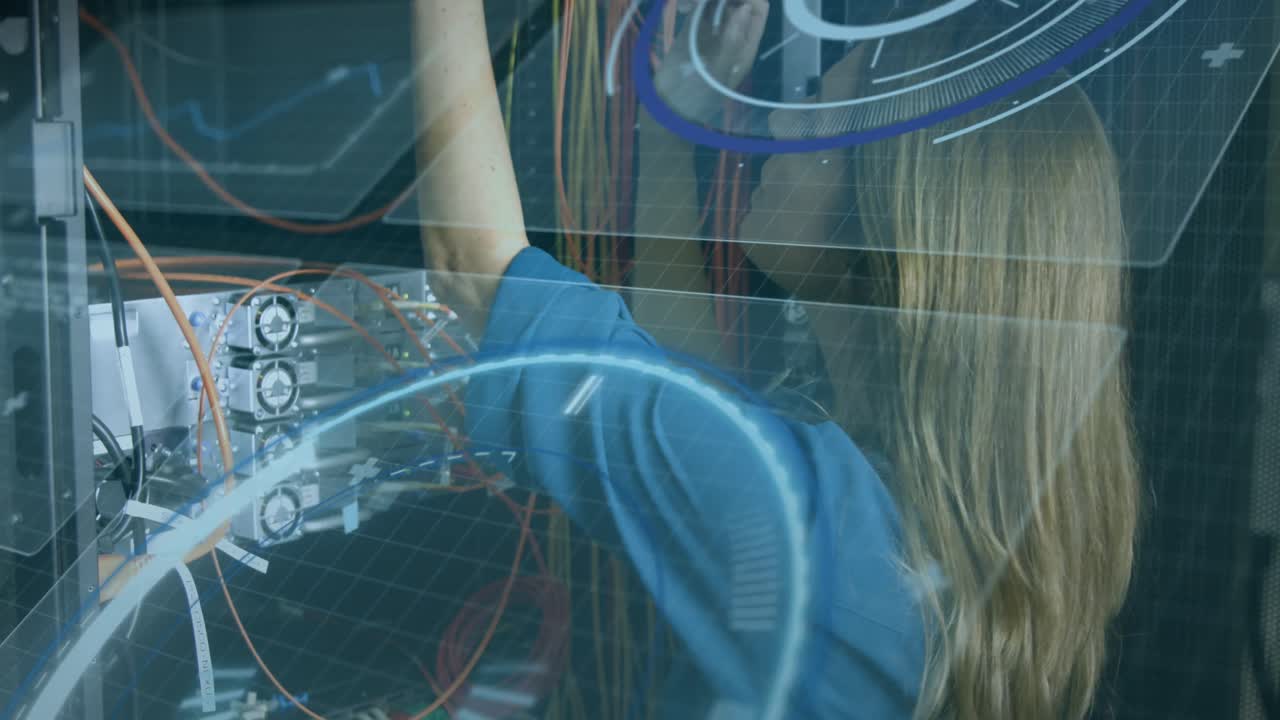 Animation of interface with data processing over caucasian female engineer working at server room