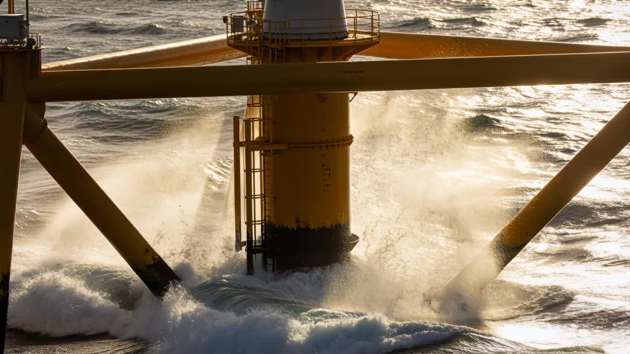 Onda che si infrange e colpisce una colonna gialla con tiranti diagonali e una scala in mare aperto, inviando spruzzi a causa del vento.