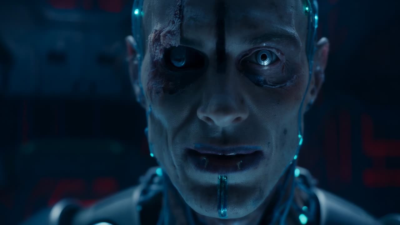 Reazione all'allungamento della gocciolina sul mento, soggetto cyborg che apre la bocca in laboratorio, con occhio cyber illuminato