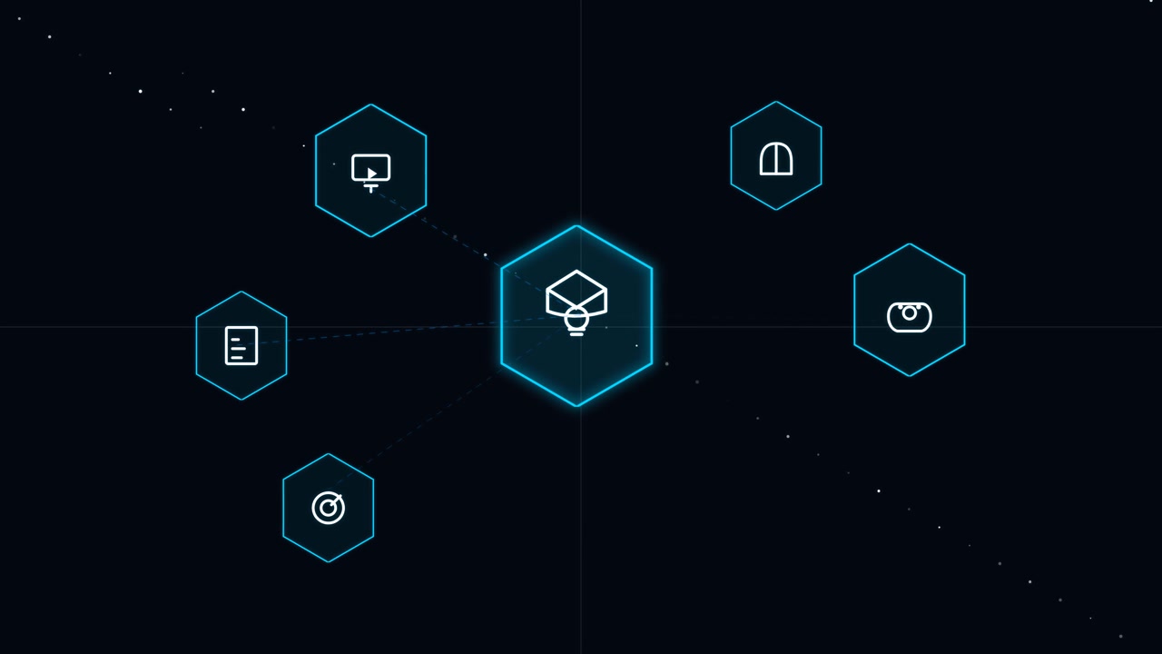 Digital Network Diagram with Connected Hexagonal Icons on Dark Background