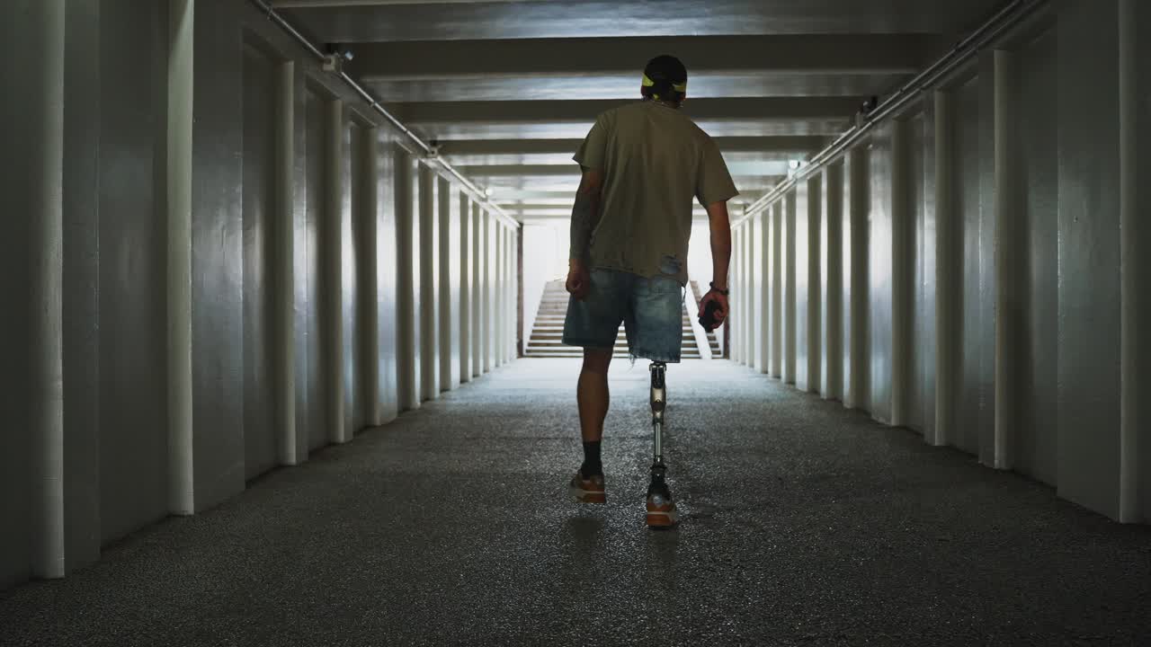 Person with prosthetic leg walking through an underground tunnel