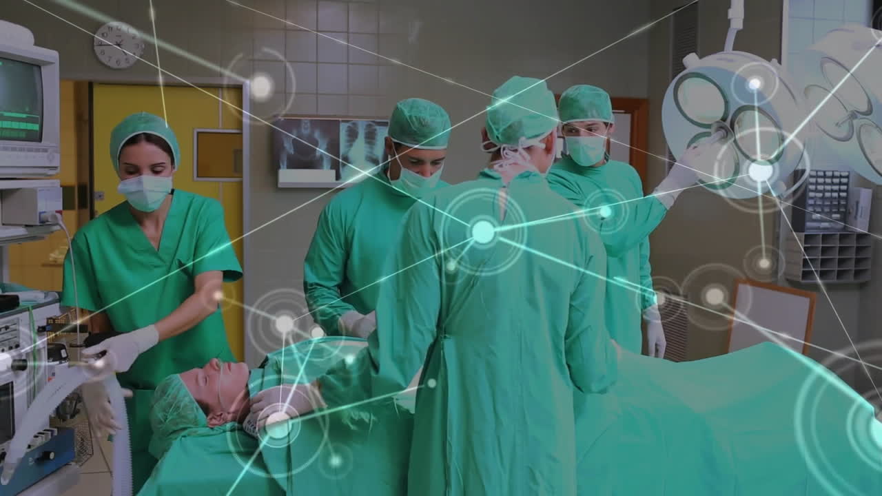 Surgeons performing operation with network connections and data processing animation