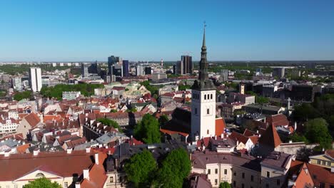 Aerial-Pullback-Reveals-St-Mary's-Cathedral,-Walls-of-Tallinn