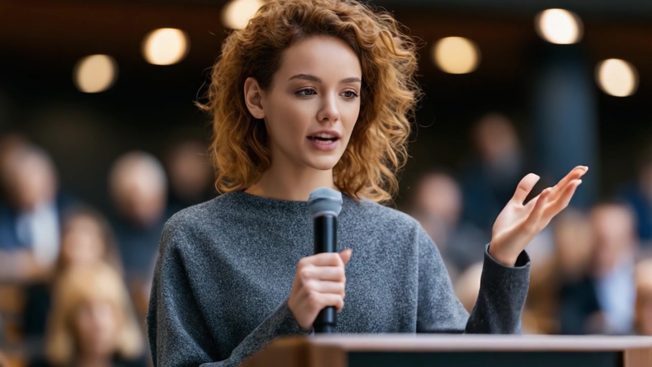 A Confident Speaker Engaging the Audience with Passion During a Dynamic Presentation, Showcasing Effective Public Speaking Skills and Charisma in an Inspiring Setting