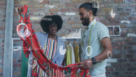 fashion designers examining colorful fabric with data analytics animation overlay