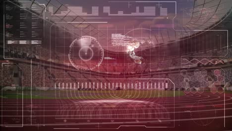 Animación-Del-Globo-Terráqueo-Y-Procesamiento-De-Datos-En-Una-Interfaz-Digital-Sobre-Un-Estadio-Deportivo.