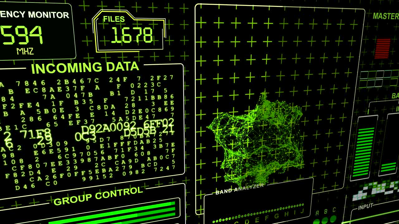 Word "Warning" flickes on a HUD Futuristic technological background - green gamma