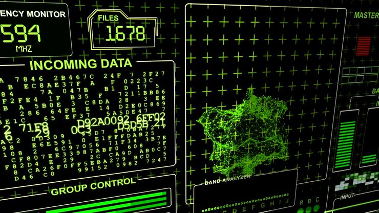 Word "Warning" flickes on a HUD Futuristic technological background - green gamma