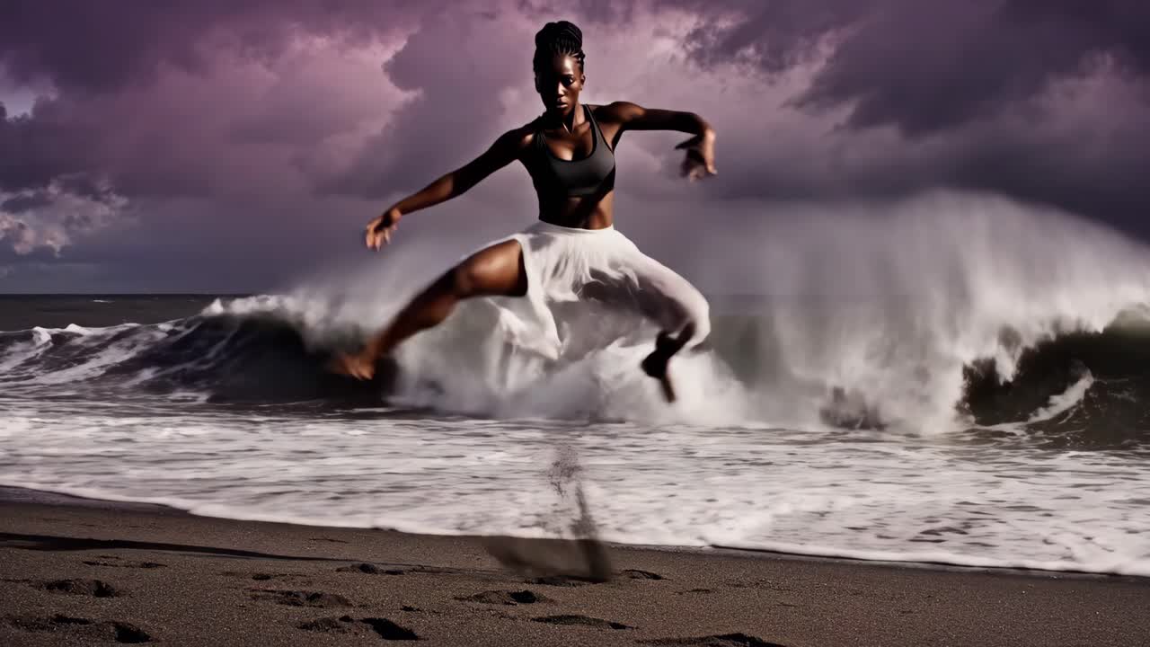 Woman dancing on the beach during a storm