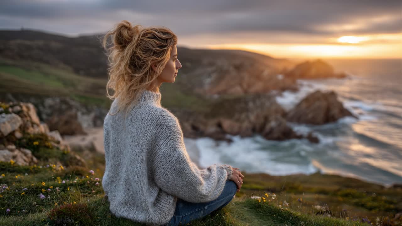 A Serene Moment of Contemplation: A Young Woman Reflects on Nature's Beauty at Sunset Over the Ocean, Immersed in Peace and Tranquility on a Scenic Hillside