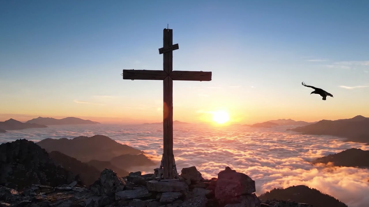 Alba maestosa su serene cime montuose con una silhouette a croce, che cattura la bellezza della natura in momenti tranquilli di riflessione e pace.