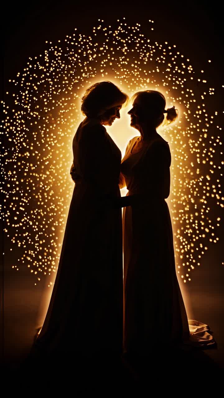 Two women are embracing in a dimly lit room, their silhouettes highlighted by a heart shaped bokeh effect behind them, creating a romantic and intimate atmosphere