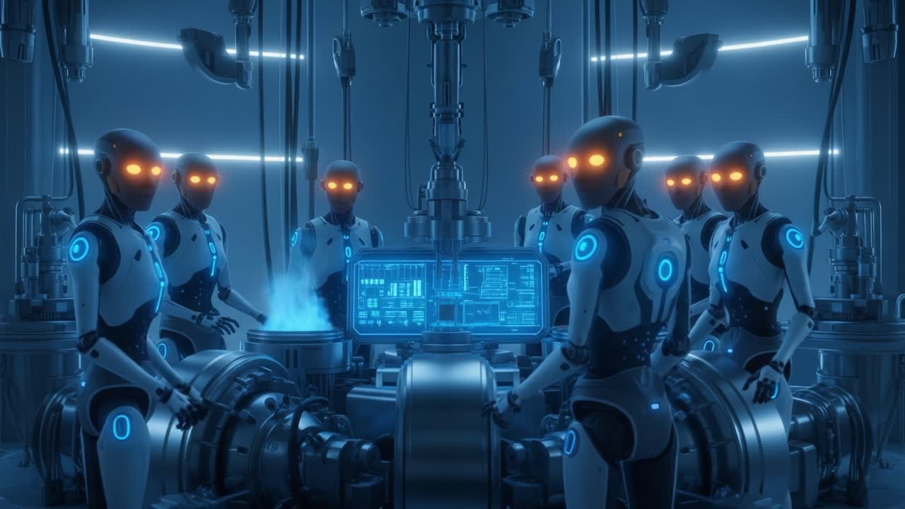 A futuristic assembly line featuring a group of advanced robotic entities with illuminated features, engaged in high-tech operations within a sleek, sterile environment